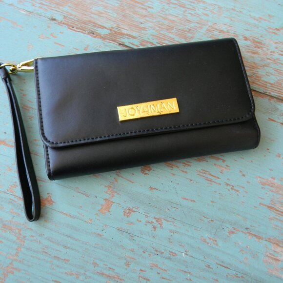 JOY & IMAN BLACK LEATHER CLASSIC CELL PHONE HOLDER/WALLET/WRISTLET - Picture 1 of 6